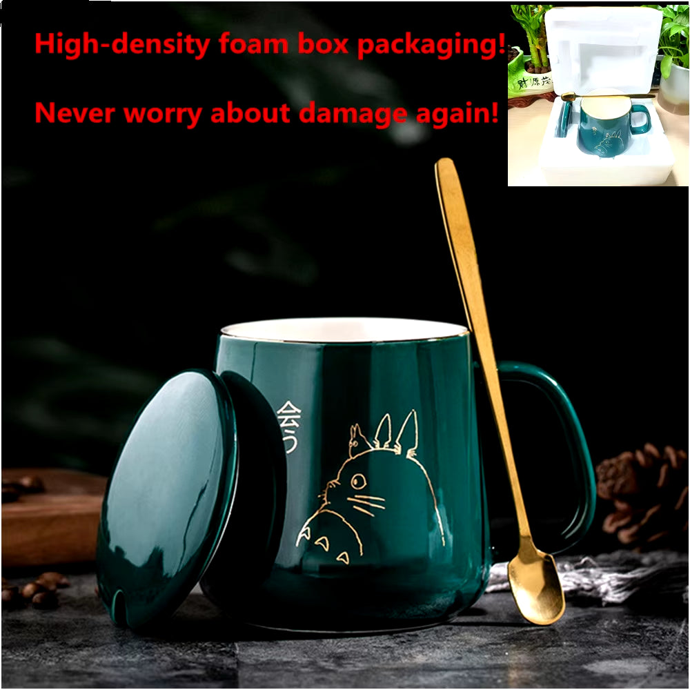 Elegant European Style 400ml Gold-Painted Ceramic Coffee Mug with Lid & Spoon - Perfect for Your Morning Brew!