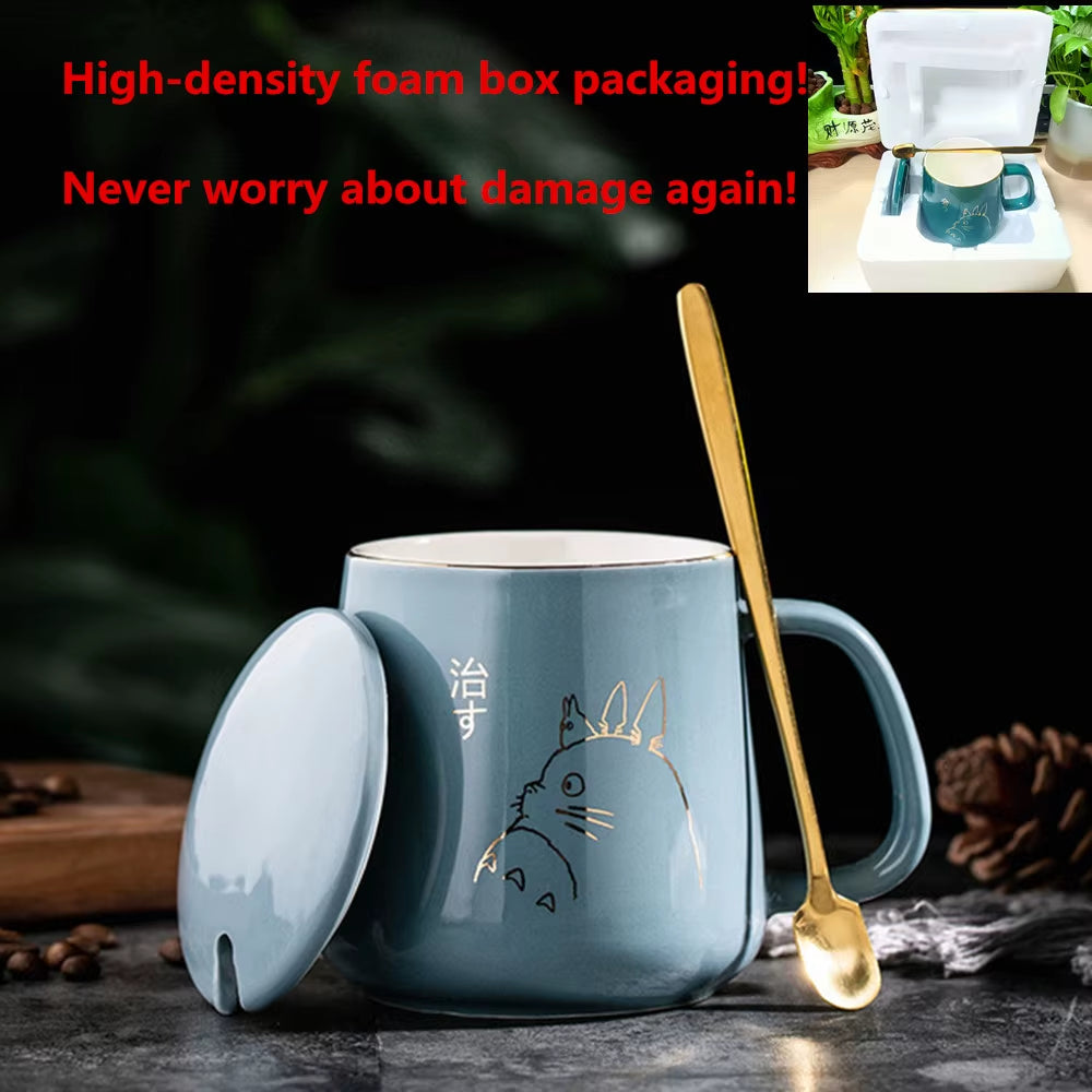 Elegant European Style 400ml Gold-Painted Ceramic Coffee Mug with Lid & Spoon - Perfect for Your Morning Brew!