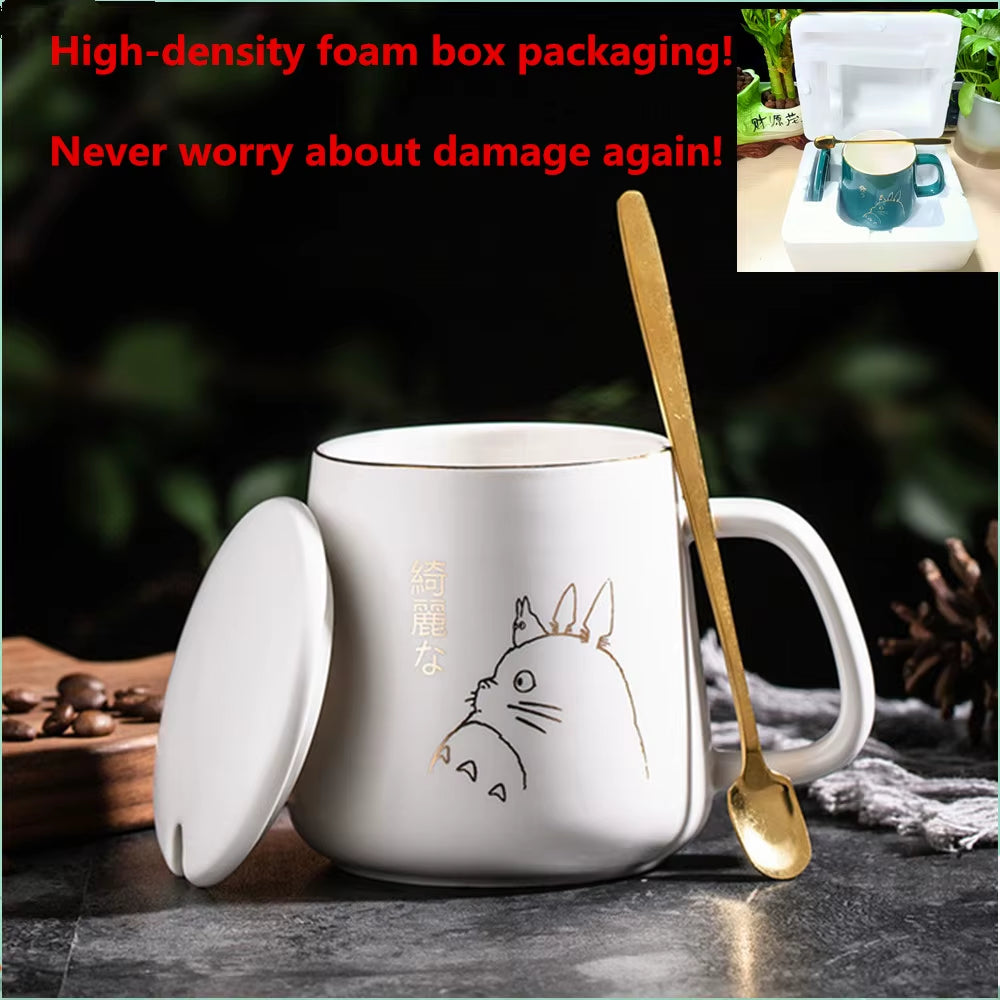 Elegant European Style 400ml Gold-Painted Ceramic Coffee Mug with Lid & Spoon - Perfect for Your Morning Brew!