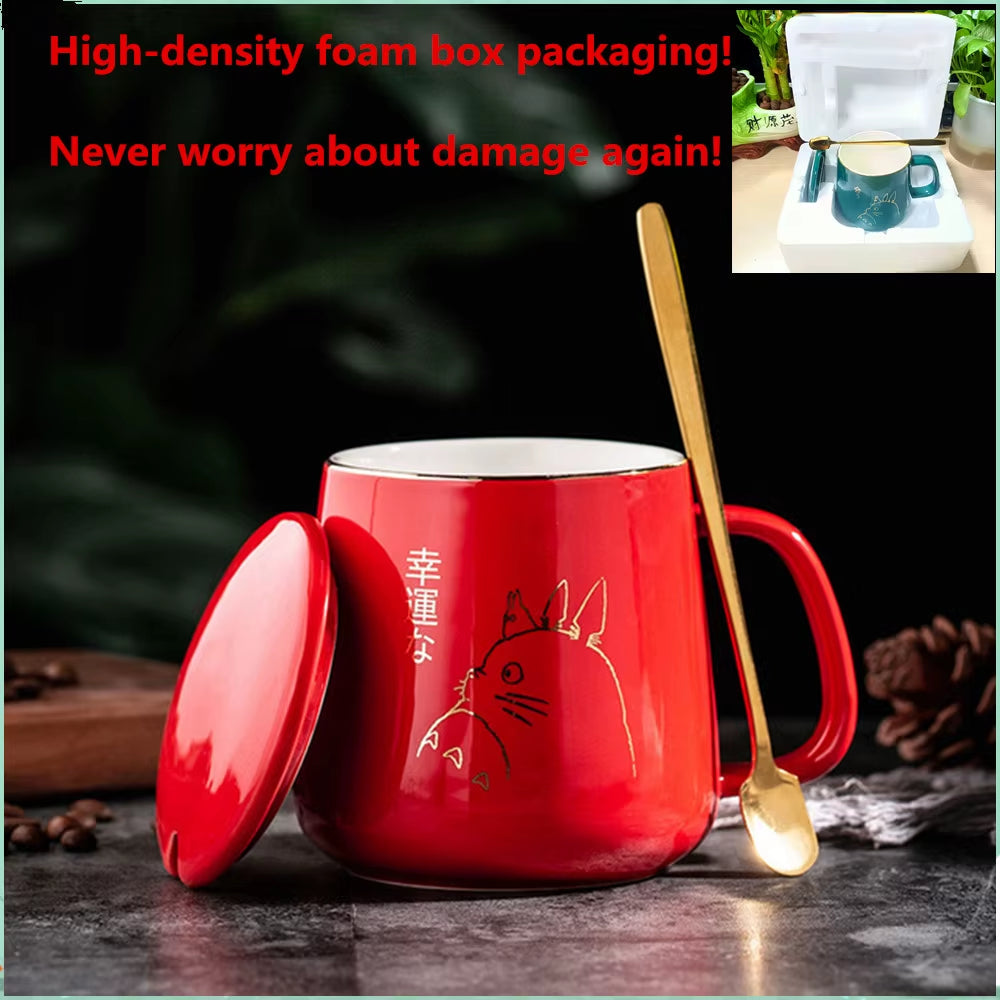 Elegant European Style 400ml Gold-Painted Ceramic Coffee Mug with Lid & Spoon - Perfect for Your Morning Brew!