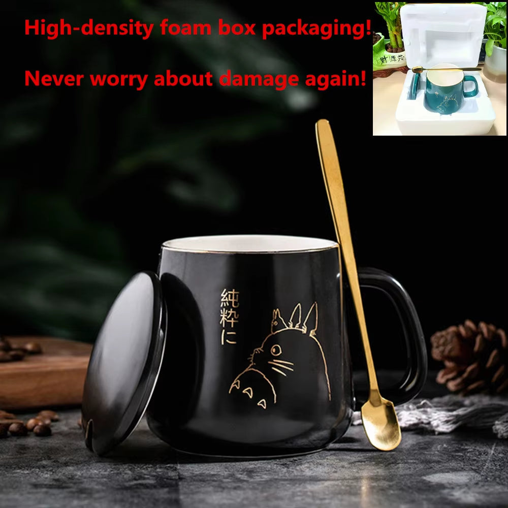 Elegant European Style 400ml Gold-Painted Ceramic Coffee Mug with Lid & Spoon - Perfect for Your Morning Brew!