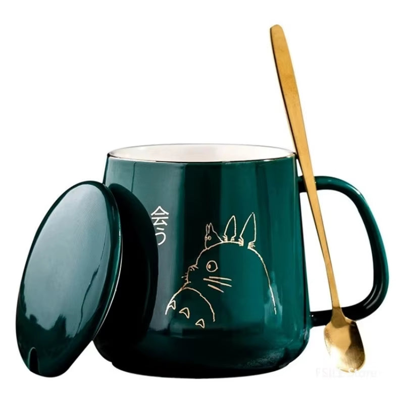 Elegant European Style 400ml Gold-Painted Ceramic Coffee Mug with Lid & Spoon - Perfect for Your Morning Brew!