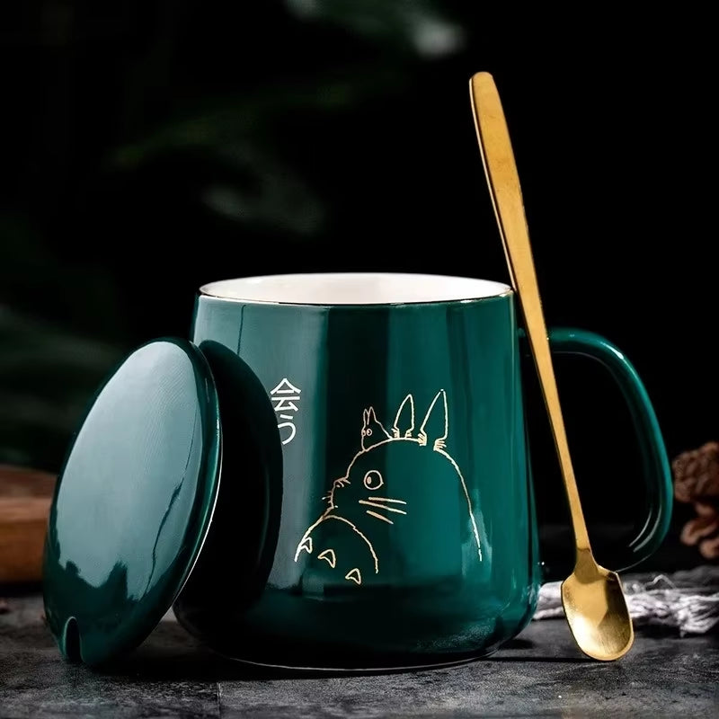 Elegant European Style 400ml Gold-Painted Ceramic Coffee Mug with Lid & Spoon - Perfect for Your Morning Brew!