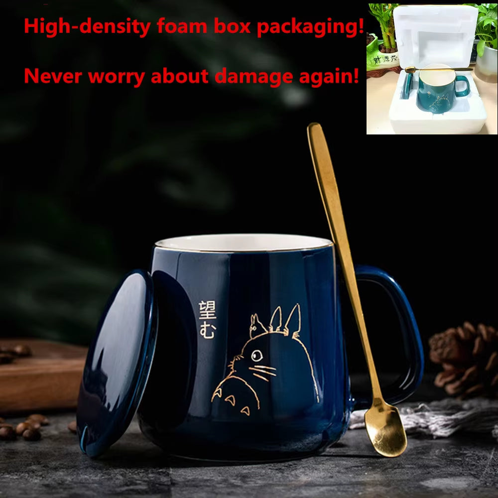 Elegant European Style 400ml Gold-Painted Ceramic Coffee Mug with Lid & Spoon - Perfect for Your Morning Brew!