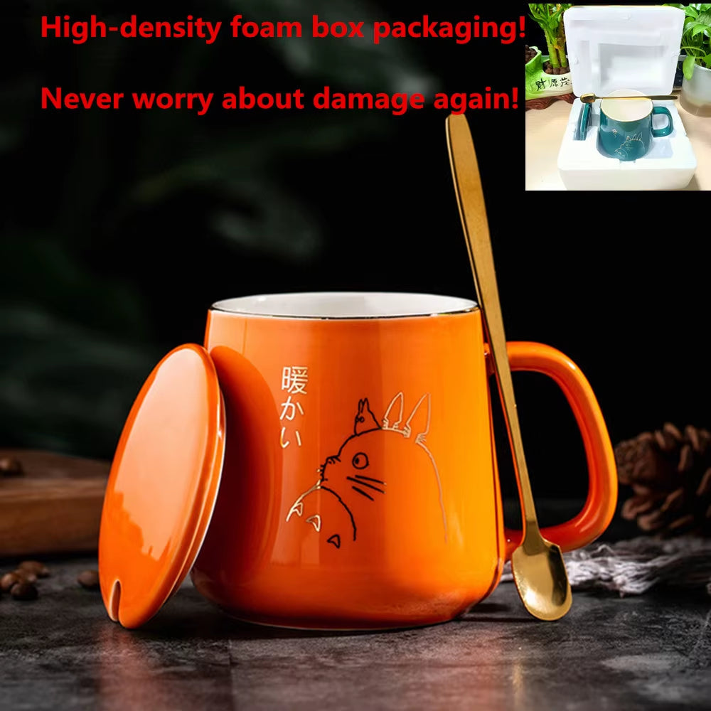 Elegant European Style 400ml Gold-Painted Ceramic Coffee Mug with Lid & Spoon - Perfect for Your Morning Brew!